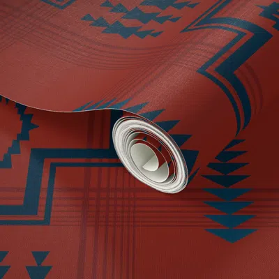 Spoonflower Peel And Stick Wallpaper Western Life Medium Cross Blanket Indigo & Red 2' X 12' Removable