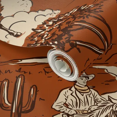 Spoonflower Peel And Stick Wallpaper Western Toile Vintage Retro Western Cowboy Toile Western Rust Brown Large 2