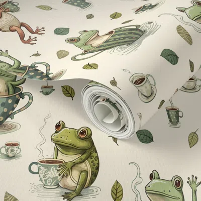 Spoonflower Peel And Stick Wallpaper Whimsical Frogs And Teacups On Soft Pink 2' X 12' Removable