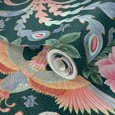 Spoonflower Peel And Stick Wallpaper Whimsy Phoenix Chintz (teal) 8 2' X 12' Removable