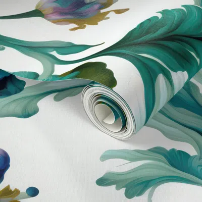 Spoonflower Peel And Stick Wallpaper White & Teal Large 2' X 12' Removable