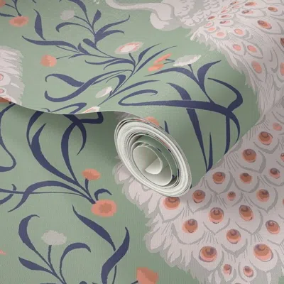 Spoonflower Peel And Stick Wallpaper White Peacocks On Mint - Navy Accents - Large Scale 2' X 12' Removable