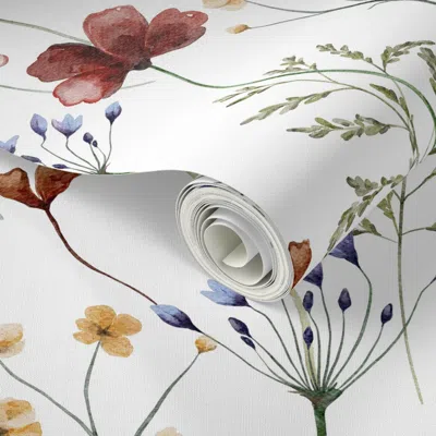 Spoonflower Peel And Stick Wallpaper White Scandinavian Watercolor Wildflowers Florals Poppies Grasses Garden 2' In Multi