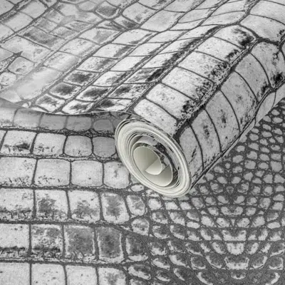 Spoonflower Peel And Stick Wallpaper White/grey Grungy Dragon Aligator Crocodile Scales Reptile Skin Pattern 2'  In Gray