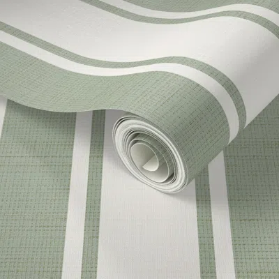 Spoonflower Peel And Stick Wallpaper Wide Ticking Stripes Light Sage Green And Cream White Linen Texture 2' X 12