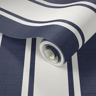 Spoonflower Peel And Stick Wallpaper Wide Ticking Stripes Navy Blue And Cream White 2' X 12' Removable