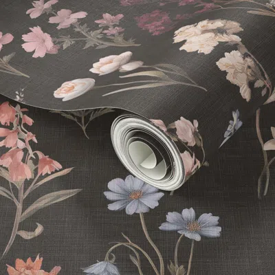 Spoonflower Peel And Stick Wallpaper Wild Flowers On Charcoal Black Linen  Removable