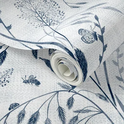 Spoonflower Peel And Stick Wallpaper Wild Grasses And Its Habitants Blue Large 2' X 12' Removable In Multi