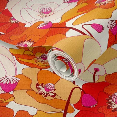 Spoonflower Peel And Stick Wallpaper Wild Poppy Meadow - Red And Gold 2' X 12' Removable