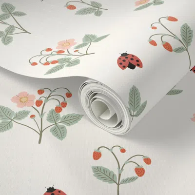 Spoonflower Peel And Stick Wallpaper Wild Strawberries And Ladybugs - Preppy Summer Print In Cream And Pink 2' X