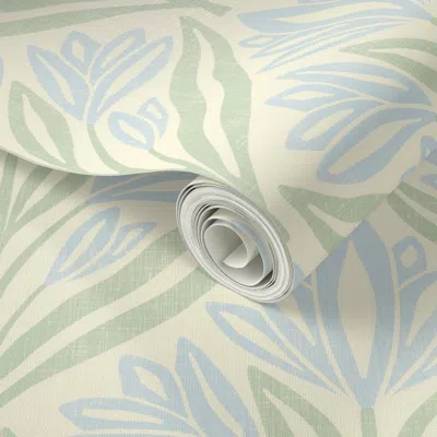 Spoonflower Peel And Stick Wallpaper Wild Tulip Block Print Linen Texture In Sky Blue Green / M / Preppy Coastal