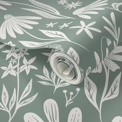 Spoonflower Peel And Stick Wallpaper Wildflowers - Sage Green - Medium Scale 2' X 12' Removable