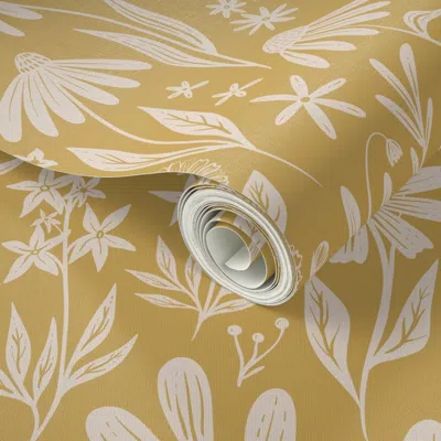 Spoonflower Peel And Stick Wallpaper Wildflowers - Yellow Gold - Medium Scale 2' X 12' Removable