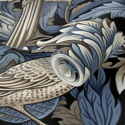 Spoonflower Peel And Stick Wallpaper Winged Bouquet Cream/blue On Black William Morris  New 2' X 12' Removable