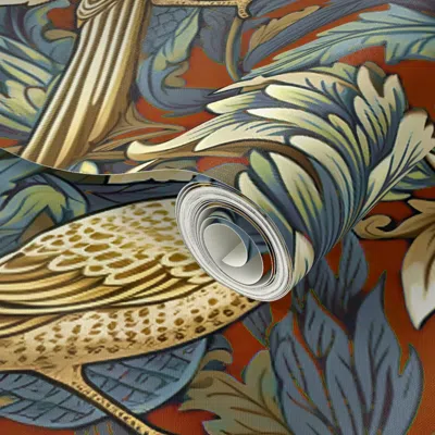 Spoonflower Peel And Stick Wallpaper Winged Bouquet Gold/blue On Brick Red William Morris  New 2' X 12' Removabl