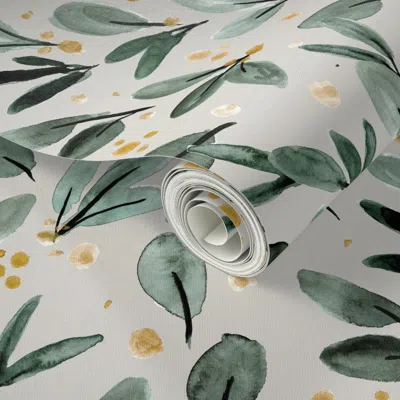 Spoonflower Peel And Stick Wallpaper Winter Berry Sprigs - Gold On Gray 2' X 12' Removable