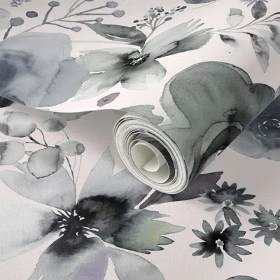 Spoonflower Peel And Stick Wallpaper Winter Floral Bouquet Watercolor Traditional Classic Grey White Medium 2' X