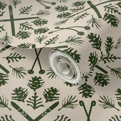 Spoonflower Peel And Stick Wallpaper Winter Ski Season - Pine And Tan 2' X 12' Removable In Multi
