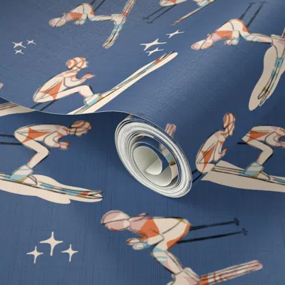Spoonflower Peel And Stick Wallpaper Winter Sports - Retro Vintage Ski Blue Xl 2' X 12' Removable