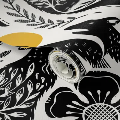 Spoonflower Peel And Stick Wallpaper Wolves At Full Moon - Black And White Block Print Style ( Large Scale ) 2' 