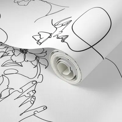 Spoonflower Peel And Stick Wallpaper Women's Faces With Flowers No. 1 White - Large Version  Removable