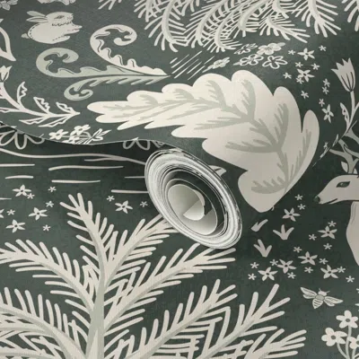 Spoonflower Peel And Stick Wallpaper Woodland Animals - Deer Fox Rabbits - Cream On Dark Green - Jumbo 2' X 12' 