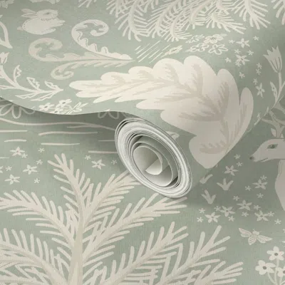 Spoonflower Peel And Stick Wallpaper Woodland Animals - Deer Fox Rabbits - Monochrome Cream On Green - Jumbo 2' 