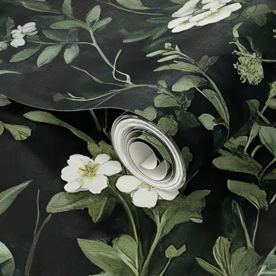Spoonflower Peel And Stick Wallpaper Woodland Leaves And Flowers In Green And White 2' X 12' Removable