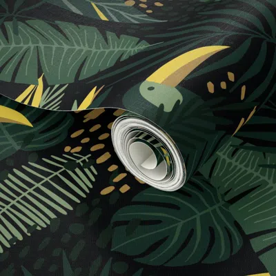 Spoonflower Peel And Stick Wallpaper Xl Dark Green Moody Tropical Hawaiian Palm Leaves With Toucan Bird Large 2'