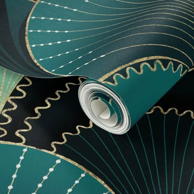 Spoonflower Peel And Stick Wallpaper Xl - Emerald Green And Gold Art Deco Scallop 2' X 12' Removable