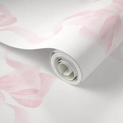 Spoonflower Peel And Stick Wallpaper (xl) Grandmillennial Watercolor Bows & Ribbons Trellis In Baby Ballet Pink 