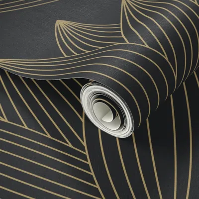 Spoonflower Peel And Stick Wallpaper (xl) Lotus Art Deco - Black & Gold - Glamorous Accent Wall Luxury Interior 