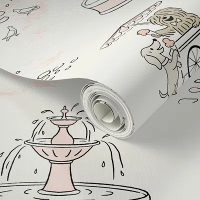 Spoonflower Peel And Stick Wallpaper (xl) Paris Doodle Dog Adventures In Springtime In Pink - Half Drop 2' X 12'