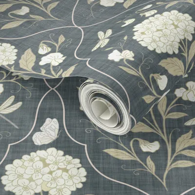 Spoonflower Peel And Stick Wallpaper (xl) White Hydrangea & Dragonfly Trellis On Grey Linen - Romantic Floral 2'
