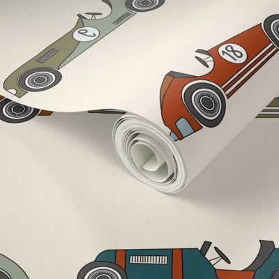 Spoonflower Peel And Stick Wallpaper Xlarge Race Cars Fabric - Vintage Race Cars Design Boys Fabric 2' X 12' Rem