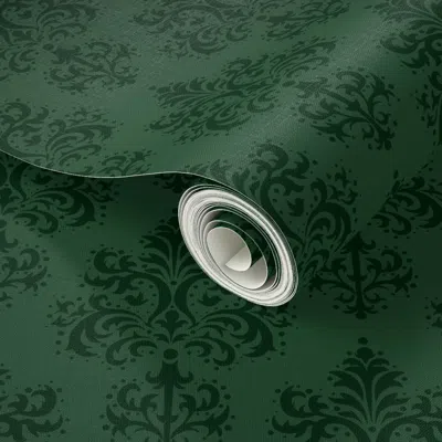 Spoonflower Peel And Stick Wallpaper Xs- Bohemian Victorian Goth Damask Motif With Birds & Dots In Emerald Green