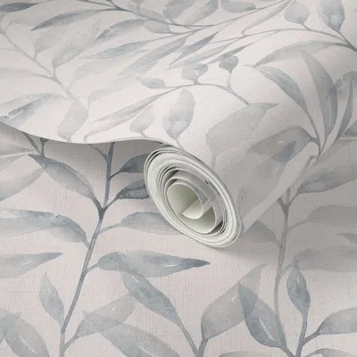 Spoonflower Peel And Stick Wallpaper Yoko - Japandi Watercolour Climbing Leaves Foliage - Soft Grey Ivory Linen 