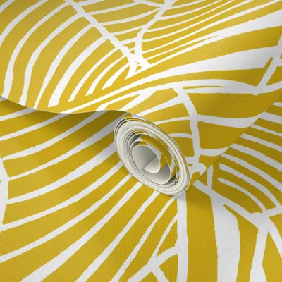 Spoonflower Peel And Stick Wallpaper Zebra Palm Mid-century Modern Hawaiian Tropical- Sulphur Gold- White 2' X 1