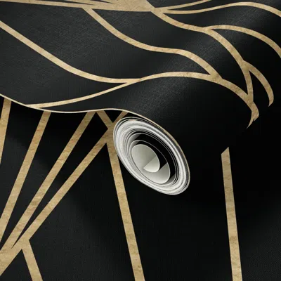 Spoonflower Peel And Stick Wallpaper Zigzag Art Deco - Gold Foil On Black - Large Scale 2' X 12' Removable