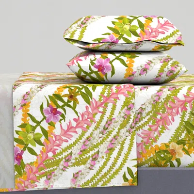 Spoonflower Pikake Pink Lokelani Pink Plumeria Light Sage Outline On White Cal King Sheet Set