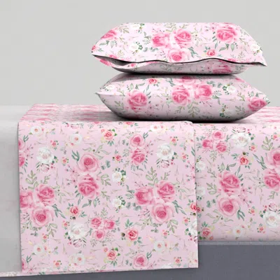 Spoonflower Pink Floral Sorbet Roses - Large Scale Queen Sheet Set