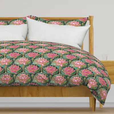 Spoonflower Pink Waterlily And Lily Pads Duvet Cover