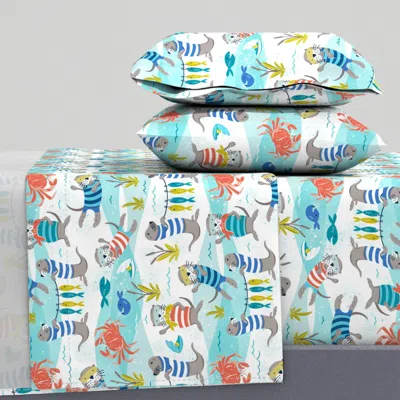 Spoonflower Playful Sea Otters Nautical Coastal - Whimsical Beach Nursery (l) Queen Sheet Set