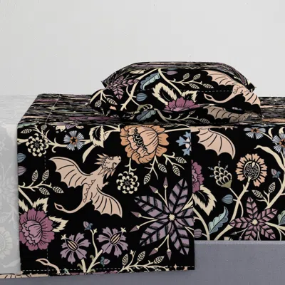 Spoonflower Pollinator Dragons Traditional Fantasy Floral Goth Muted Jewel Black -jumbo Twin Sheet S