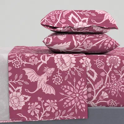 Spoonflower Pollinator Dragons - Traditional Fantasy Floral Goth - Rose Pink - Jumbo King Sheet Set
