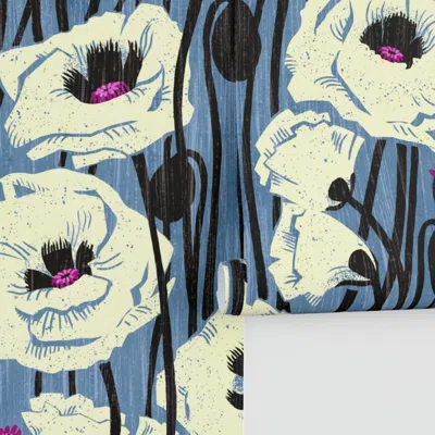 Spoonflower Poppin' Poppies Bold Floral In Blue Performance 2' X 12'