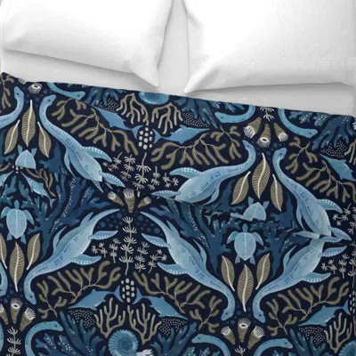 Spoonflower Prehistoric Ocean Life In Denim Blue And Khaki On Navy Large Scale Euro Pillow Sham