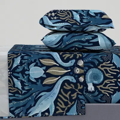 Spoonflower Prehistoric Ocean Life In Denim Blue And Khaki On Navy Large Scale Queen Sheet Set