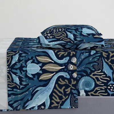 Spoonflower Prehistoric Ocean Life In Denim Blue And Khaki On Navy Large Scale Twin Sheet Set