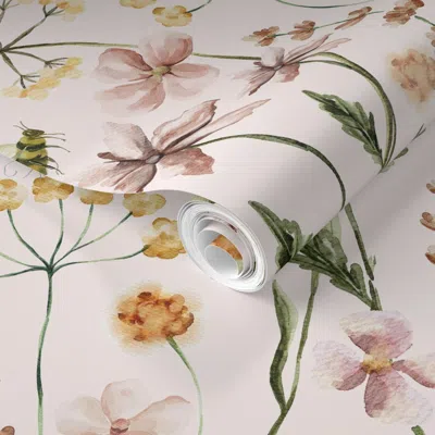 Spoonflower Pre-pasted Wallpaper 10 Hand Scandinavian Watercolor Wildflowers Flowers Poppies And Grasses 2' X 12